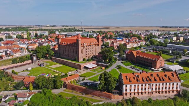 Aerial wide view of Gniew Castle Poland, historic fortress and town surroundings
