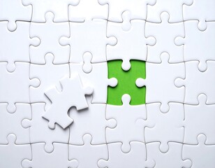 Fototapeta premium White jigsaw puzzle with missing piece, highlighted by a green area