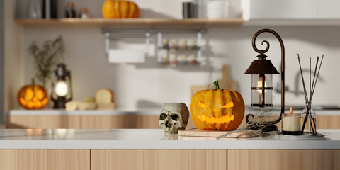 Halloween kitchen with vibrant pumpkin and spooky elements. 3D render illustration