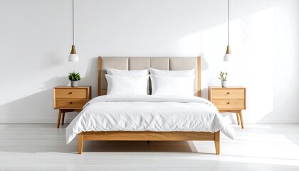 A well-lit bedroom with a light-wood bed and nightstands, showcasing clean lines and white bedding.