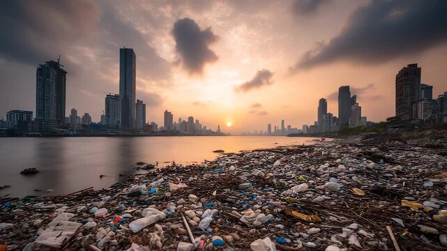 Sunset light reveals river filled garbage. Plastic and trash float near bank. Waste pollutes water, skyline fades behind pollution. City ignores growing threat to river and surrounding environment.