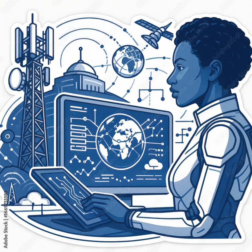 Poster innovative digital strategist analyzing global data trends with futuristic technology while explorin