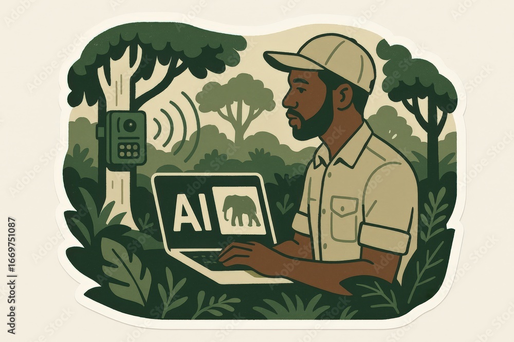 Poster a dedicated conservationist utilizing advanced ai technology to monitor elephant populations in a lu