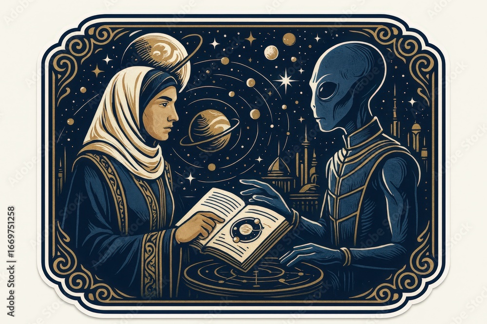 Poster female scholar engaged in cosmic dialogue with alien being while exploring ancient astronomical know