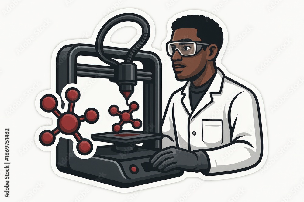 Aufkleber a dedicated scientist operating a 3d printer with molecular structures in focus highlighting the int