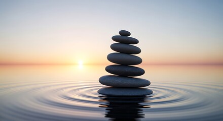 A serene stack of stones rests peacefully on water, reflecting tranquility during sunrise.