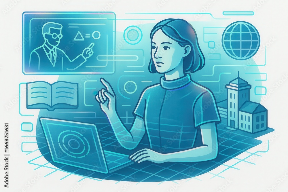Poster engaging female professional navigating digital learning environments utilizing innovative technolog