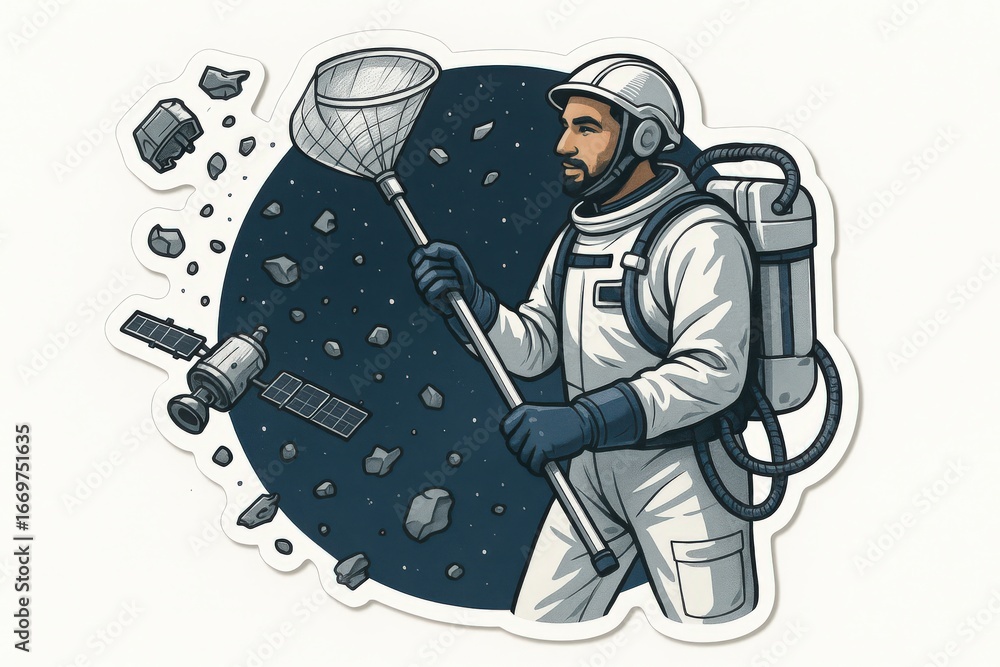 Poster astronaut engaged in space exploration using a futuristic net design to capture floating debris amon