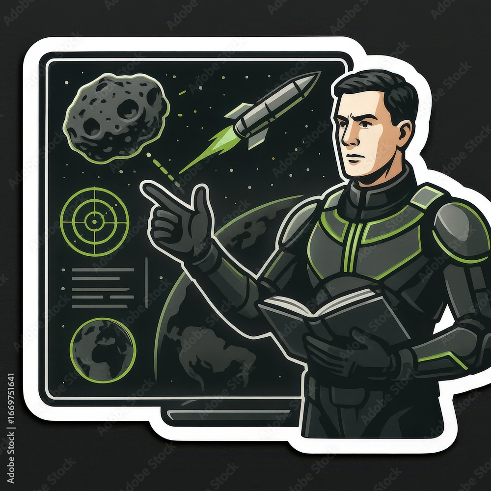Poster determining asteroid trajectories through analytic methods with a confident male scientist observing