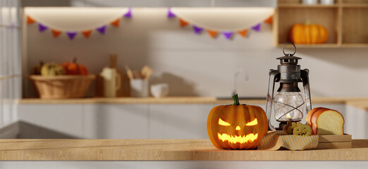 Halloween celebration with pumpkin lantern and festive decor. 3D render illustration
