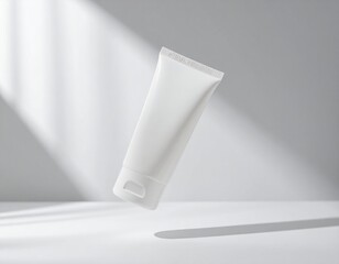 Minimalist white skincare tube floating, with a soft shadow. Displays the essence of purity, cleanliness, and product perfection.