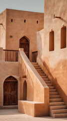 Traditional Desert Architecture: Sand-Colored Walls With Wooden Doors And Staircase In Historic Middle Eastern Style Building