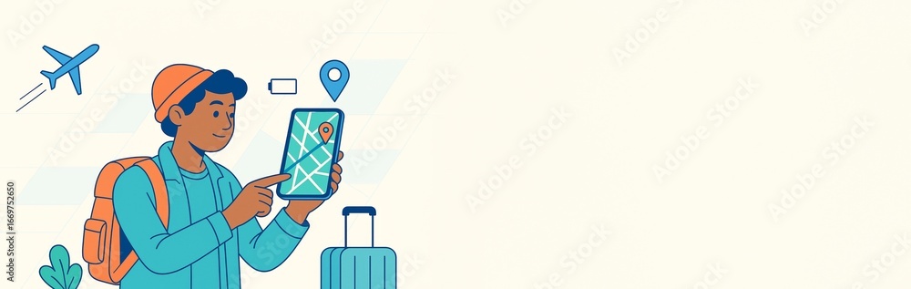 Poster traveler with backpack using mobile map app at airport with airplane and suitcase, light background 