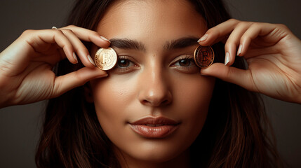 arab young woman with gold and silver bitcoin coins near her eyes, stock exchange