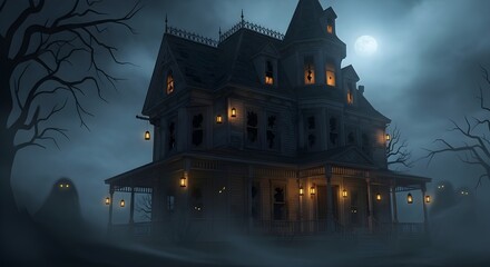 Ultra-Realistic 8K Photo of Spooky Haunted House at Night, Flickering Lanterns, Foggy Atmosphere, Broken Windows, Eerie Shadows, Adobe Stock Ready