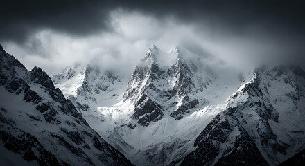 Obraz premium Majestic snow-capped mountains piercing through dramatic clouds, a breathtaking display of nature's raw power and beauty