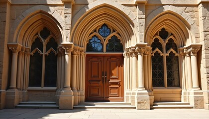 Obraz premium Gothic style building facade features imposing double wooden doors beneath ornate arched windows. Stone construction with fluted pillars, intricate stonework offers historical architectural details.