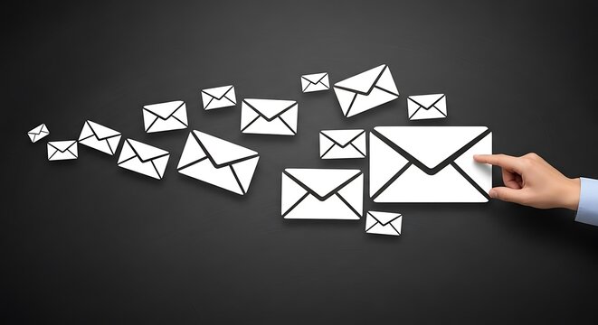 A hand selecting an email icon amidst a cluster of similar icons on a dark background.