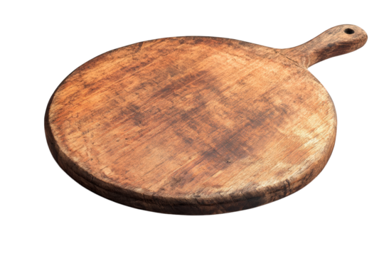 Round wooden cutting board with a handle, isolated on transparent background