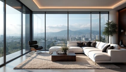 Luxury penthouse living room offers panoramic city, mountain views through floor-to-ceiling windows. Modern interior features plush white sectional sofa, black accent chair, sleek coffee table.