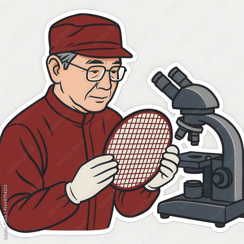 Aufkleber expert scientist examining silicon wafer through microscope revealing intricate patterns in a state-