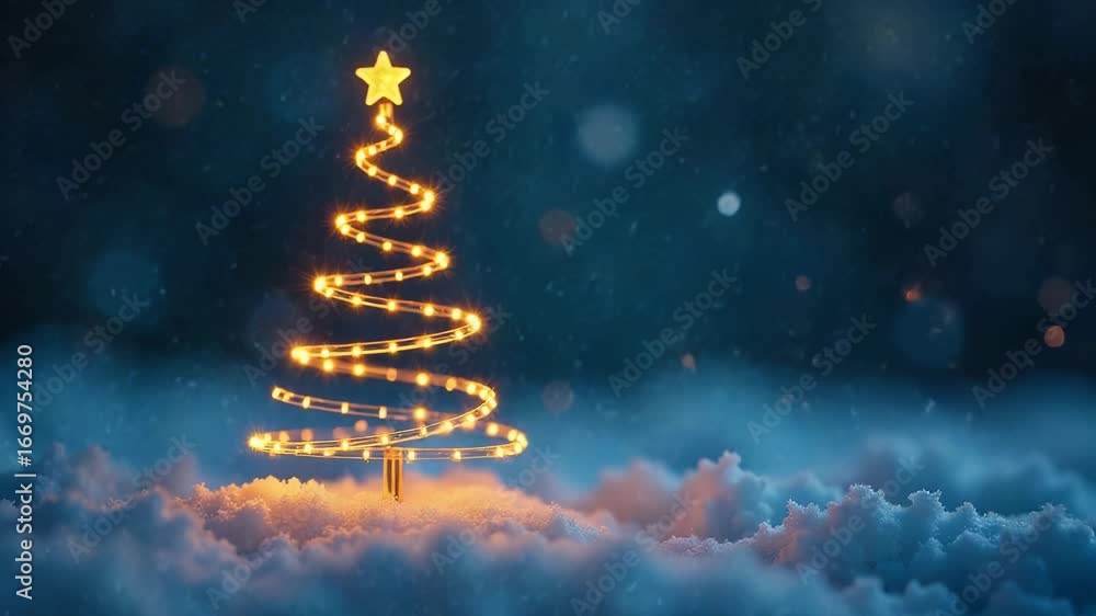 Poster a festive christmas tree created with string lights against a snowy background