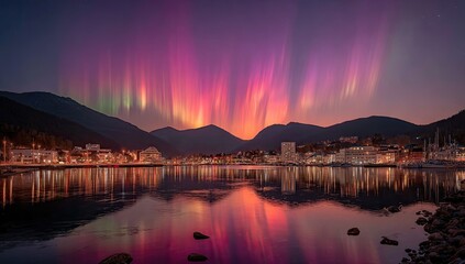 Aurora borealis over a town reflected in water