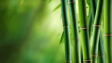 Obraz premium Lush bamboo stalks rise against a softly blurred green background, perfect for nature-themed projects, wellness, or sustainability concepts, evoking tranquility and growth,