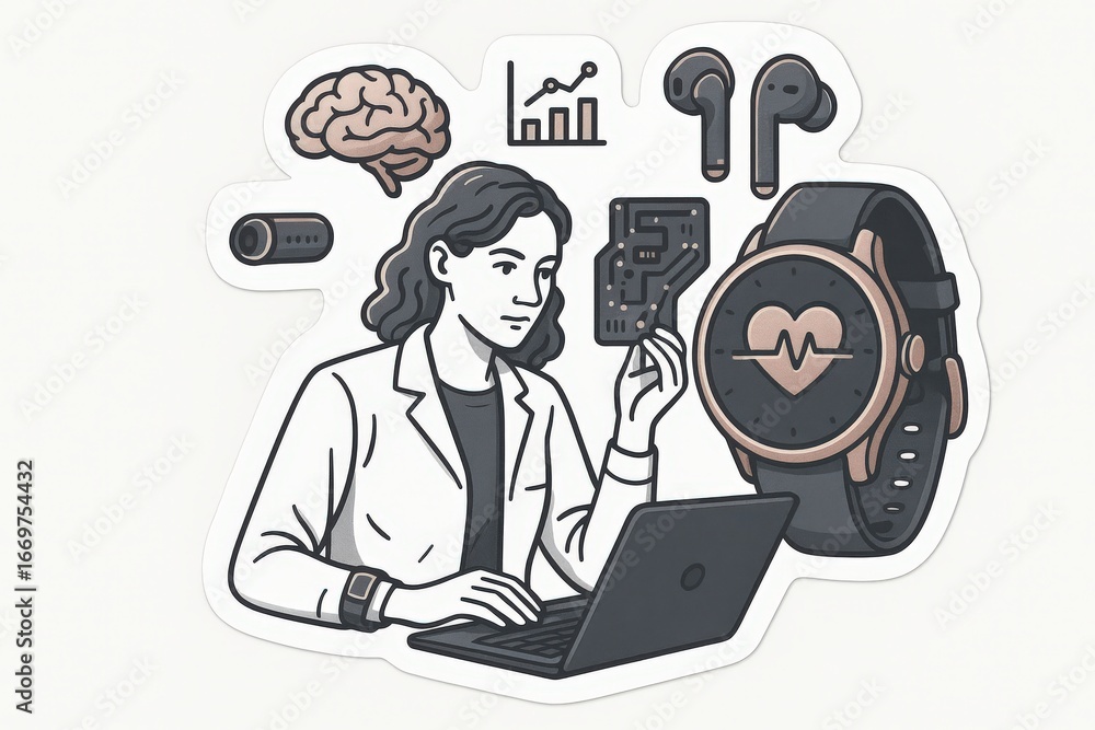 Aufkleber innovative scientist analyzing circuit board technology while utilizing smart devices and monitoring
