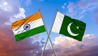 Two national flags crossed against a sunset sky