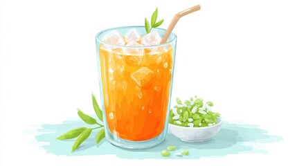 Fototapeta premium Refreshing beverage in a clear glass with ice, accompanied by green leaves and herbs, Ideal for summer-themed content, recipes, or promotions for cafes and bars,