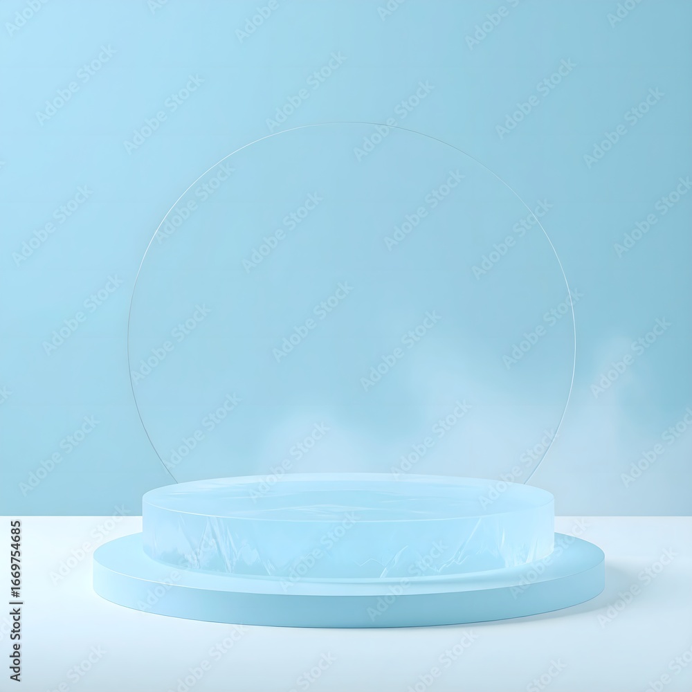 Poster a minimalist 3d rendered blue podium with a circular design for product presentation and display.