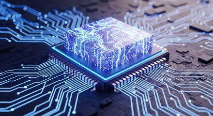 Closeup of a glowing blue computer processor chip with intricate circuits