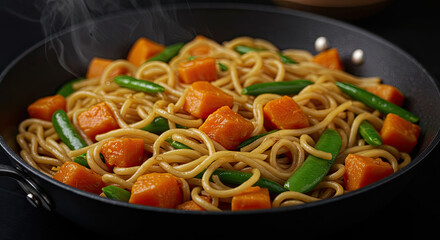 Delicious Stirfried Noodles with Sweet Potato and Green Beans.