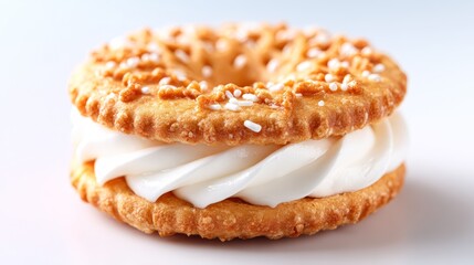 Plakat A close-up of a sweet dessert featuring a crispy sandwich filled with creamy white frosting, adorned with sprinkles, This enticing image is perfect for food blogs, dessert menus, or advertisements,