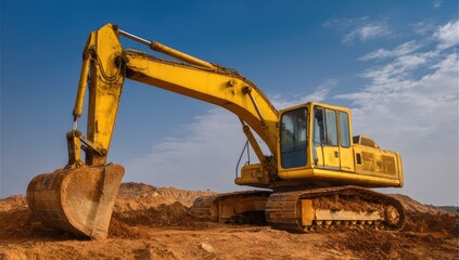 Obraz premium Yellow excavator on a job site under a clear sky