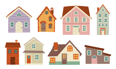Set of suburban buildings in flat style. Isolated clip art on white background for vacation, eco living, architecture, rural concepts. Modular home, townhouse, beach house, farmhouse, mansion, hut.