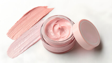 Pink cosmetic cream in glass jar with soft textured smears on white background perfect for skincare product visuals, beauty branding, wellness campaigns and cosmetic design projects