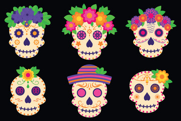 Dia de Muertos Sugar Skulls Set Colorful Mexican Day of the Dead Illustrations with Flowers and Ornaments