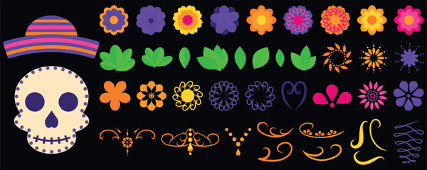 Dia de Muertos Clipart Set Mexican Day of the Dead Decorative Elements Sugar Skull Flowers Leaves Ornaments