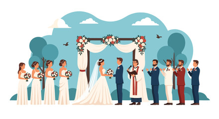 Flat style vector illustration of a wedding ceremony with bride, groom, bridesmaids, and groomsmen under a floral arch, celebrating love, marriage, and unity in an outdoor setting