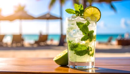 Mojito cocktail with lime and mint on a wooden surface, beach and ocean in the background.