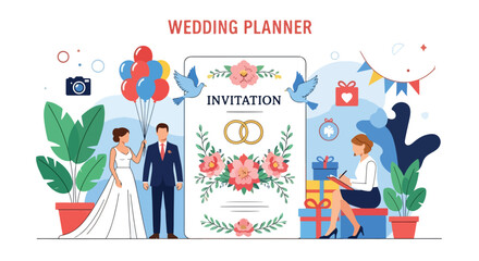 Flat style vector illustration of a wedding planner organizing a celebration with bride, groom, balloons, gifts, and invitations, symbolizing marriage, romance, and event planning services