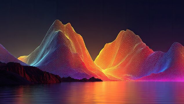 Colorful, digital mountains reflected in a dark lake