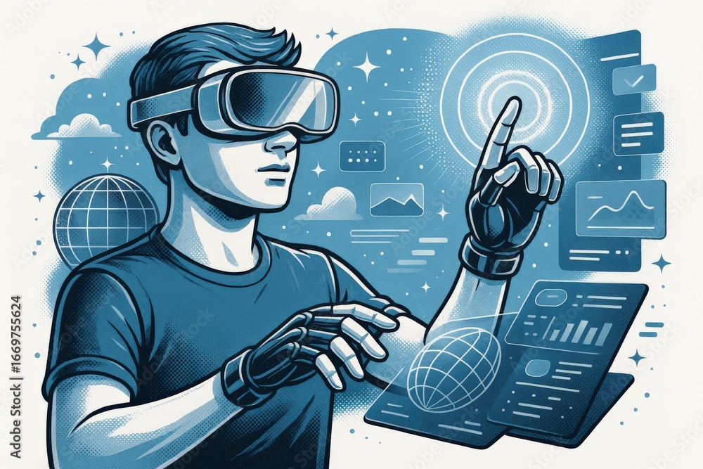 Aufkleber immersive exploration of augmented reality technology with a user engaged in virtual interaction sho