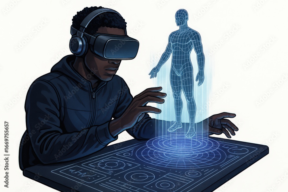 Poster immersive experience in augmented reality with a focused individual interacting with a holographic f