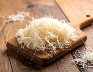 Pile of shredded, light-colored pastry on wooden board