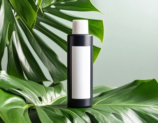 A sleek black toner bottle with a white cap, surrounded by tropical leaves for a natural skincare look.