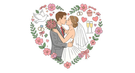 Flat style vector illustration of a romantic wedding couple kissing, surrounded by flowers, hearts, rings, and celebration symbols, perfect for invitations, cards, and love-themed designs