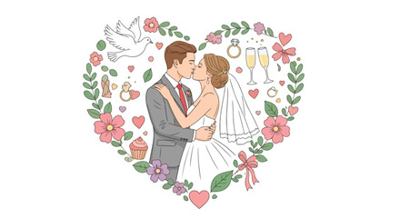 Flat style vector illustration of a romantic wedding couple kissing, surrounded by flowers, hearts, rings, and celebration symbols, perfect for invitations, cards, and love-themed designs